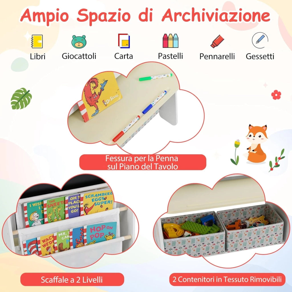 Set Tavolo e Sedia per Bambini, Lavagnetta Cancellabile Bambini con Sedia, Scaffale, 2 Contenitori in Tessuto, Gomma e Gessetti, Tavolino per Cameretta (Naturale)
