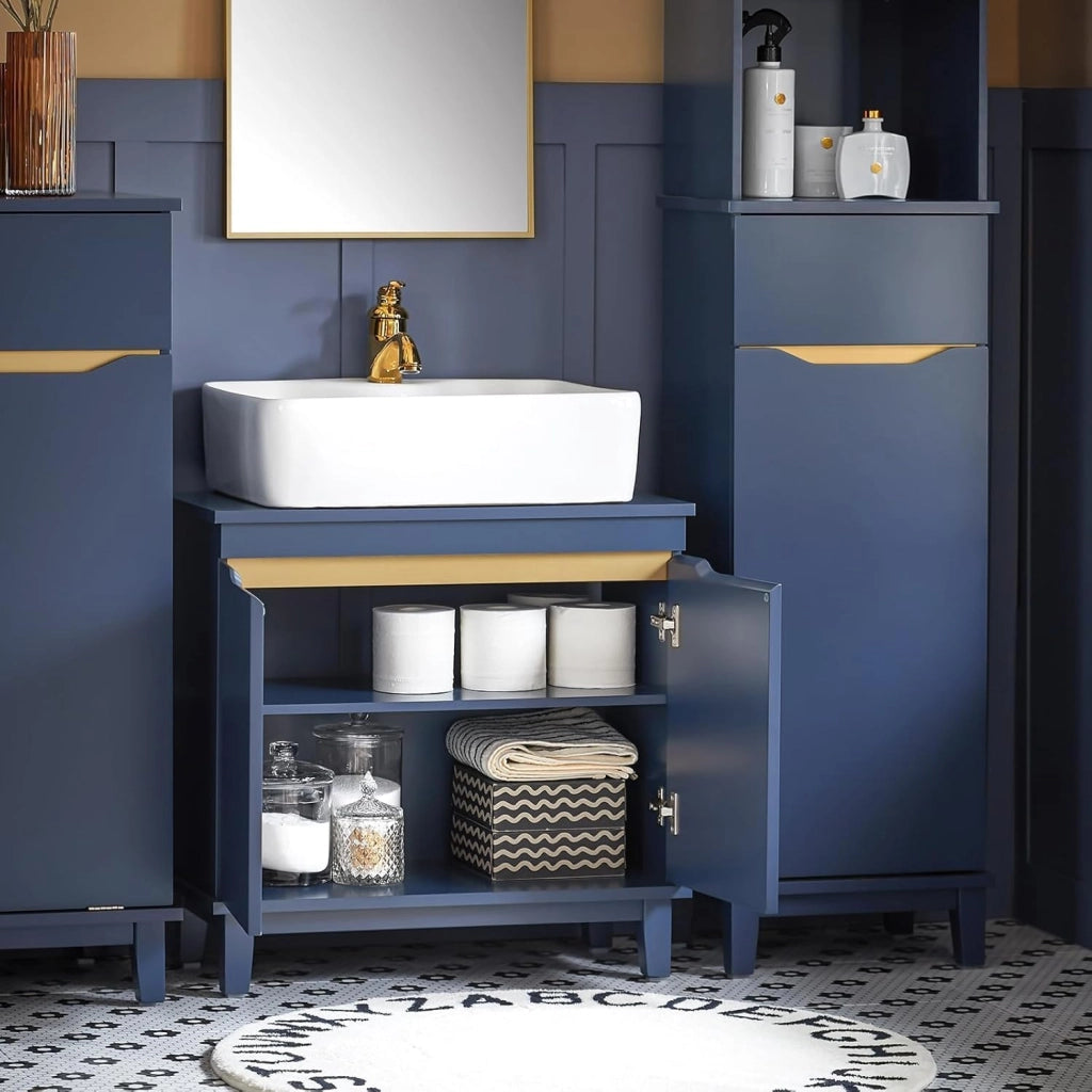 Mobile Sottolavabo – Mobiletto da Bagno con Ante – Mobile Sottolavabo Stretto in Legno per Piccoli Spazi, Blu, 60 x 59 x 30 cm, BZR113-B