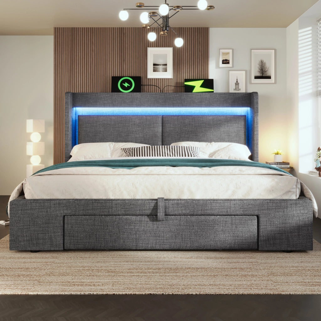 Letto matrimoniale 140x200 cm con contenitore idraulico; LED; prese USB e USB-C; grigio in lino; con materasso