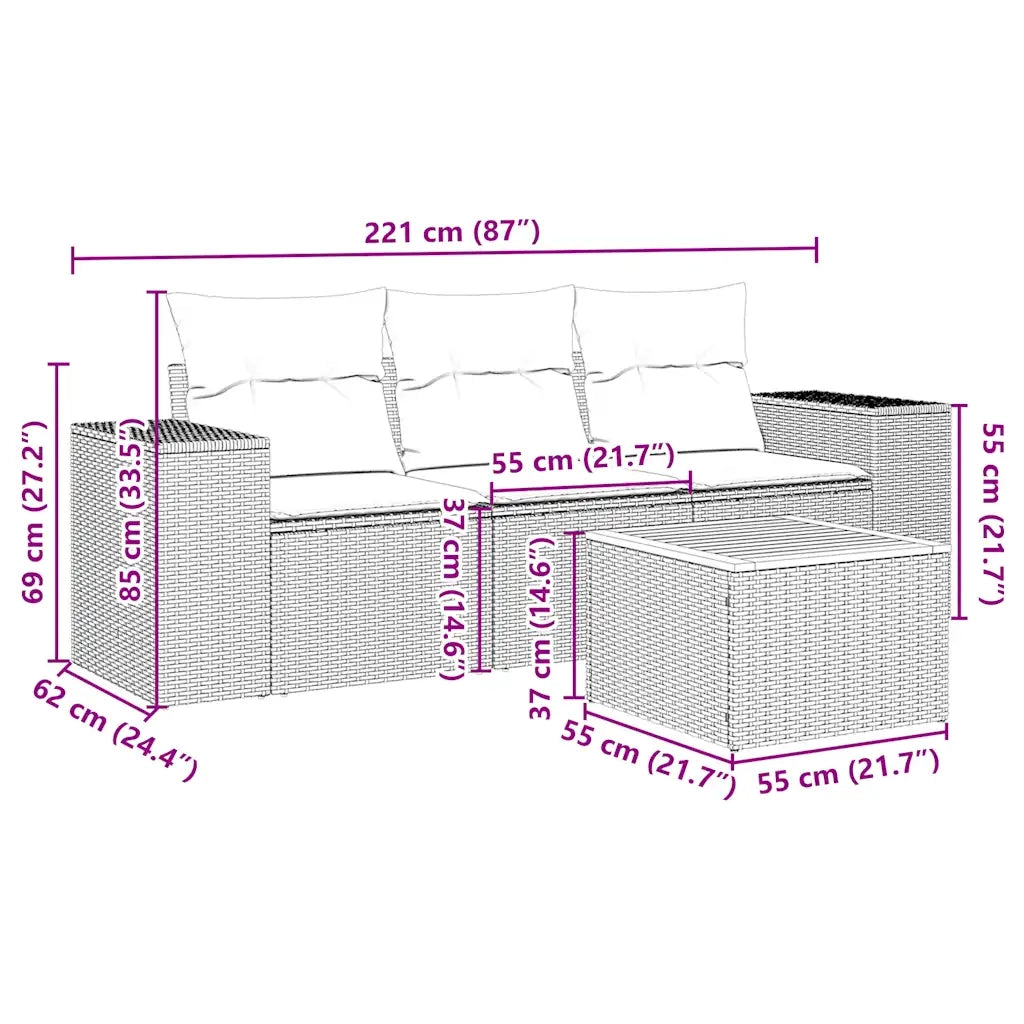 Set Divani da Giardino 4 pz | Set Salotto da Giardino con Cuscini Nero in Polyrattan