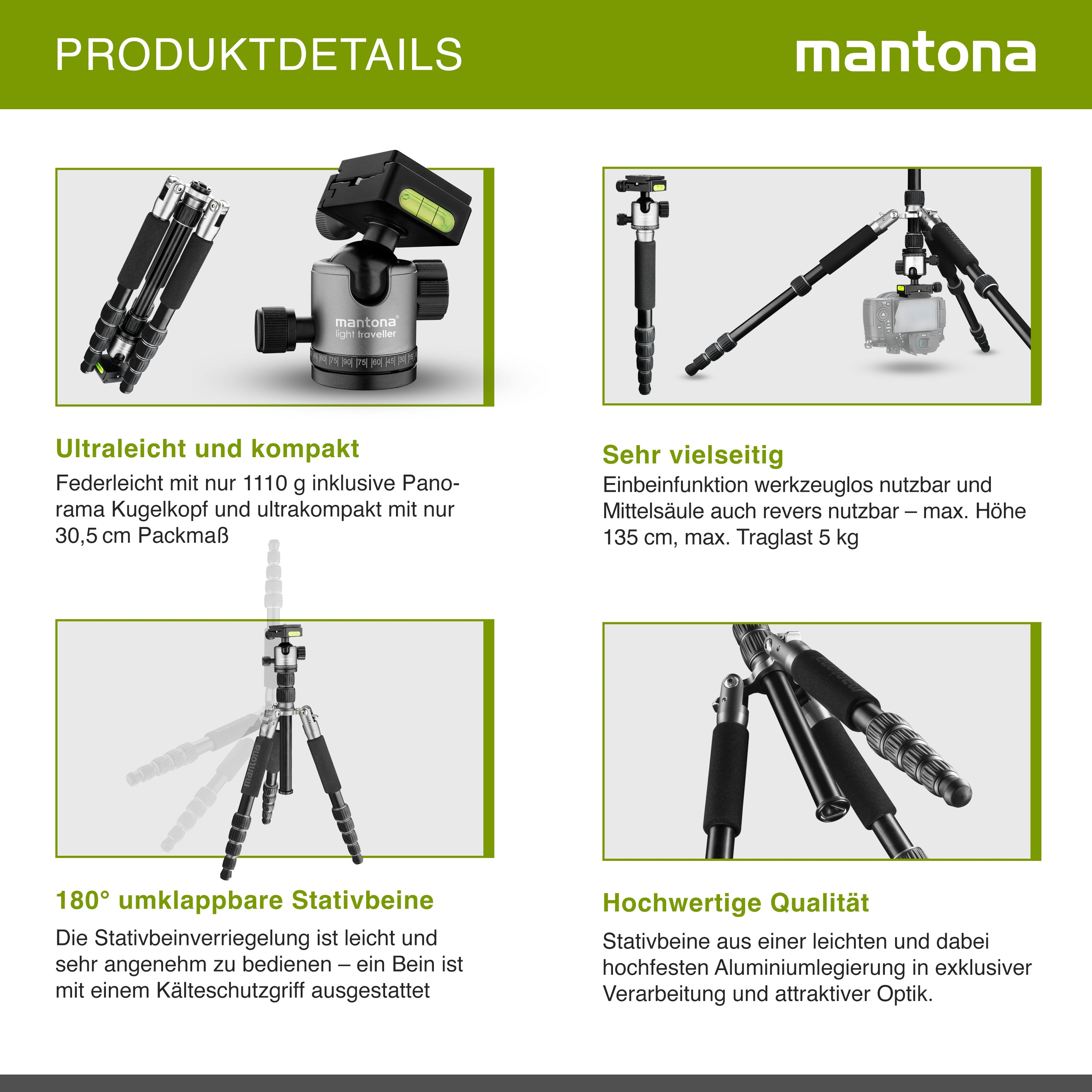 mantona treppiede da viaggio Light Traveller, robusto treppiede in alluminio per fotocamere leggere, testa a sfera + piastra intercambiabile (compatibile con Arca Swiss)