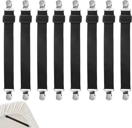 Adattabili supporti per lenzuola 25-80 cm - Set da 8 - Elastici con clip metallici - Nero - Per materasso, lettino, tavola da stirare, divano