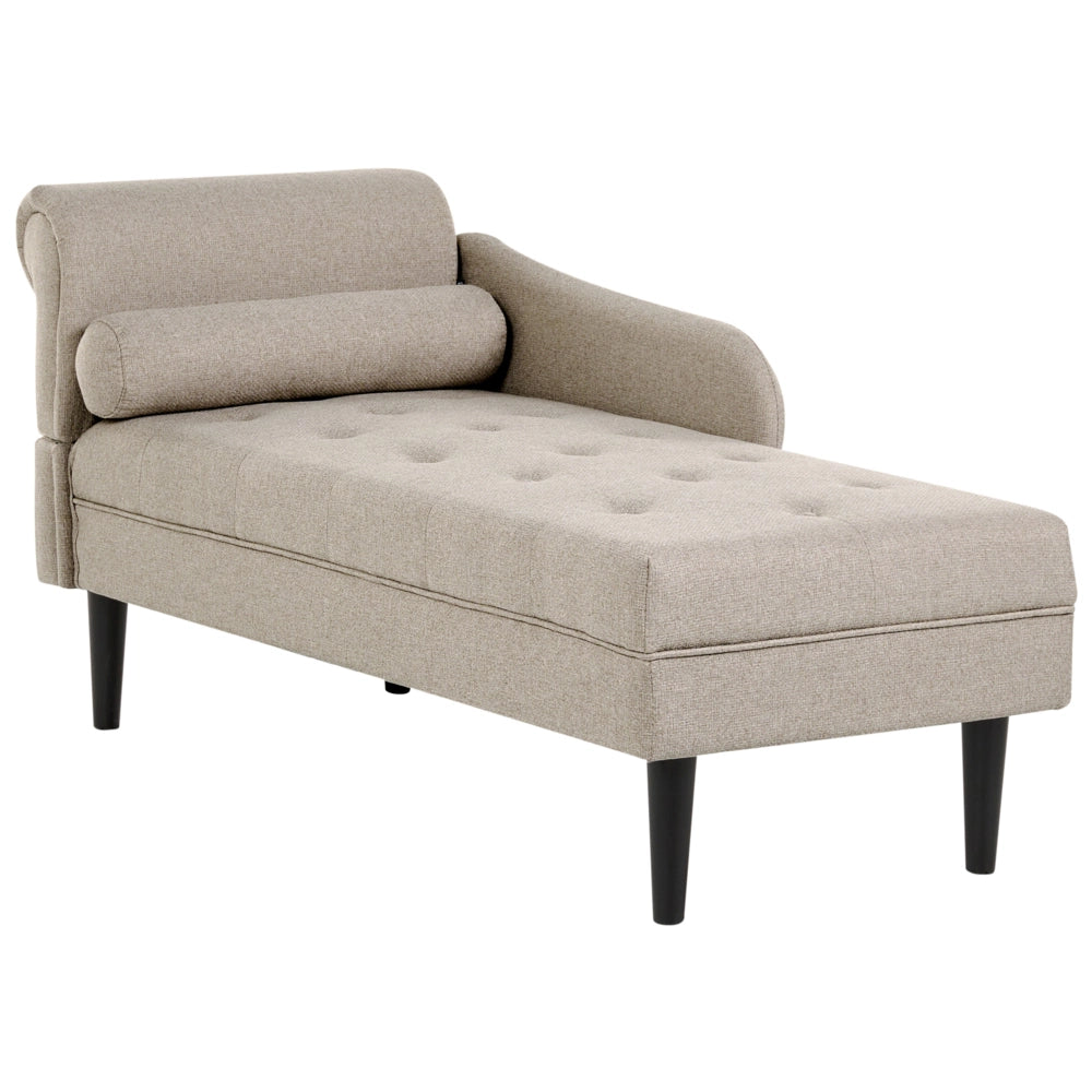 Chaise longue sinistra in tessuto beige imbottita con cuscino facile da pulire, gambe in legno, soggiorno moderno