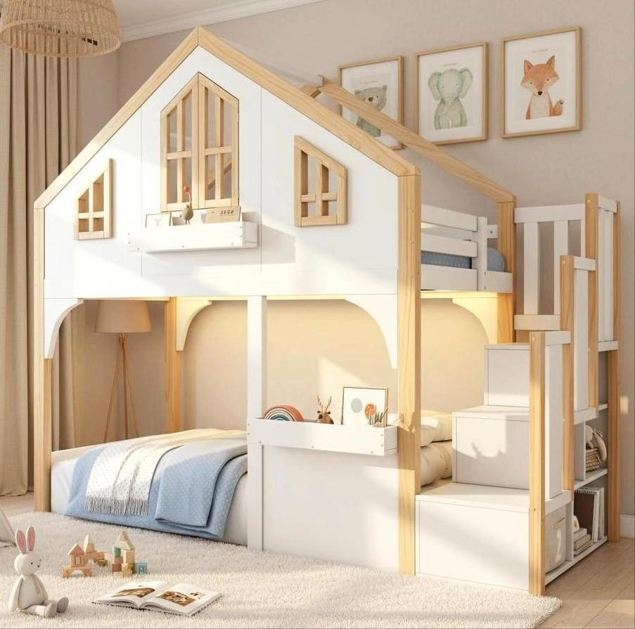 Letto a castello per bambini 90x200 cm con scala contenitore e LED