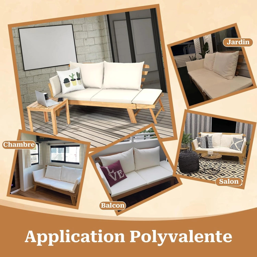 3 in 1 Divano convertibile Letto Giardino Esterno, Divano 2-4 Posti in Legno di Acacia con Cuscini di Schienale e Seduta Spessa Rimovibile, Carico 320KG, per Balcone Terrazza, Bianco
