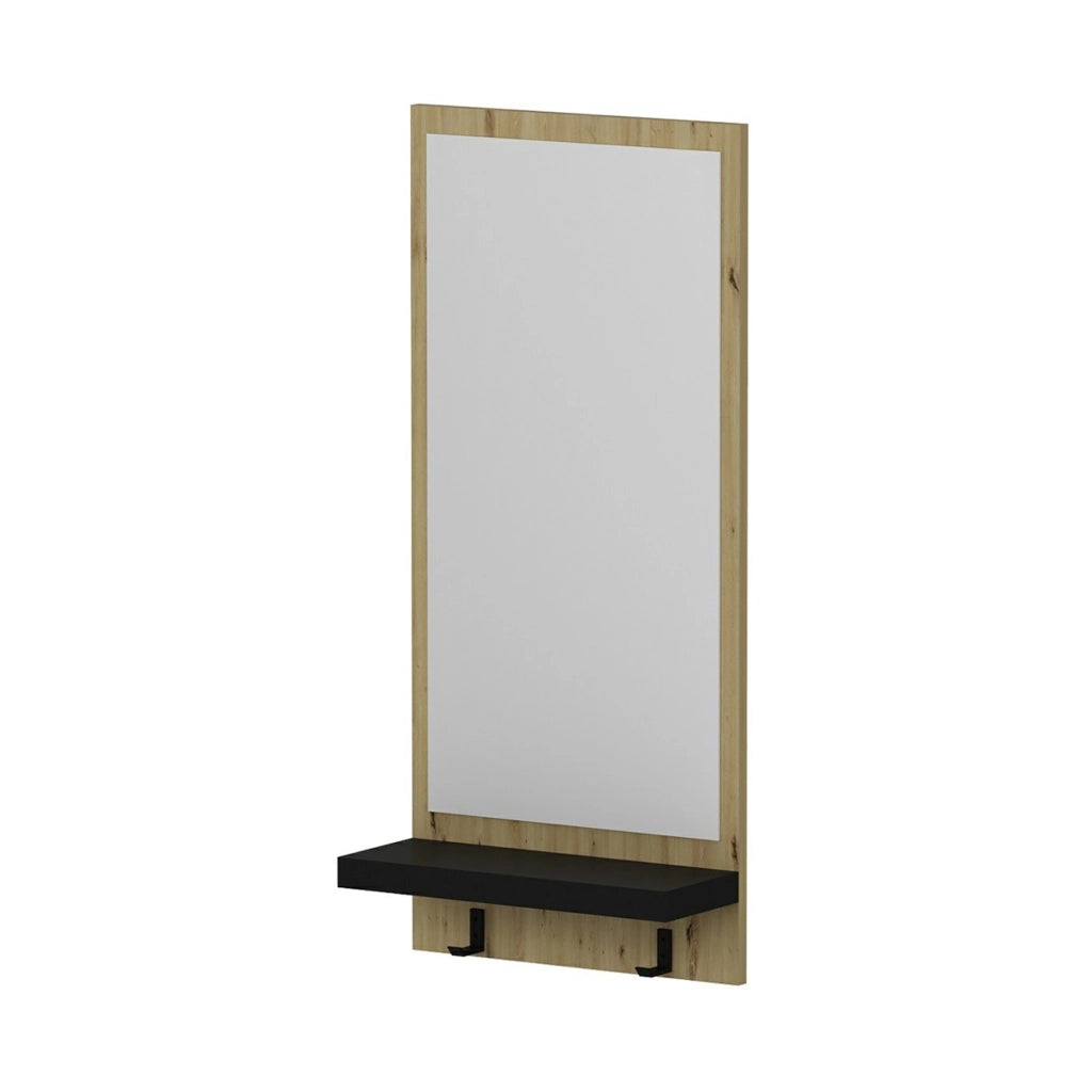 Pannello con Specchio 'Humlebæk' incl. 2 Ganci Appendiabiti e Ripiano - Rovere Artisan / Nero opaco [en.casa]