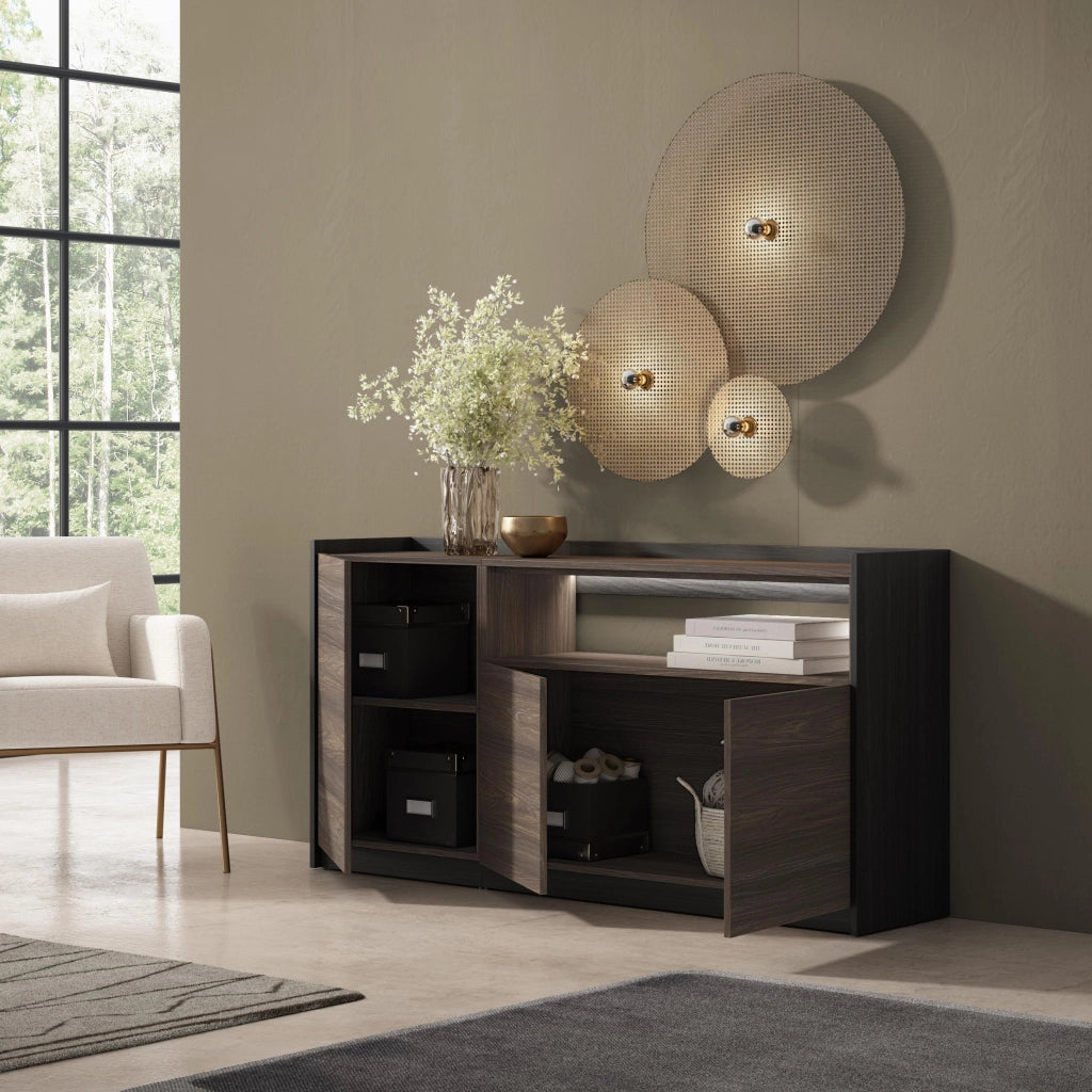 Credenza, Mobile, Cucina, 156x80x37 cm, 3 Porte, LED, Rovere scuro e Nero