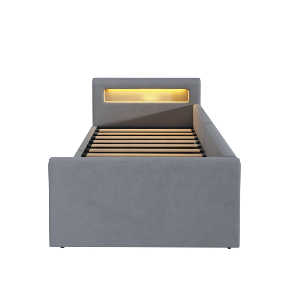 OKWISH Letto bambino 90×200 cm, Letto Singolo con LED, luce notturna, USB, mensole e contenitore idraulico, senza Materasso, Grigio