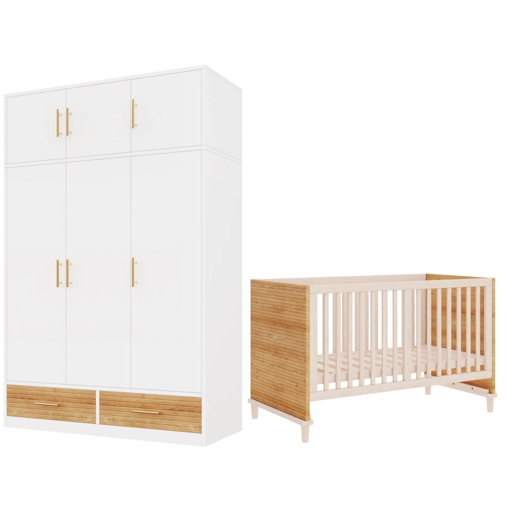 Set cameretta bebè con armadio 3 ante e lettino a sbarre, naturale, 120x50x180 cm + 70x140x87 cm