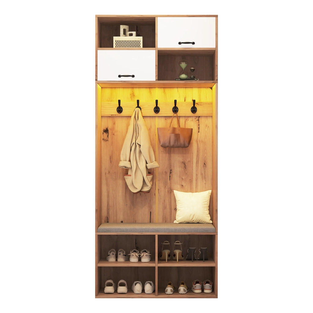 Set Ingresso con Panca, Appendiabiti, Ante e Ripiani ¨C MINIMAL ¨C Bianco/Legno, 80x185x35 cm