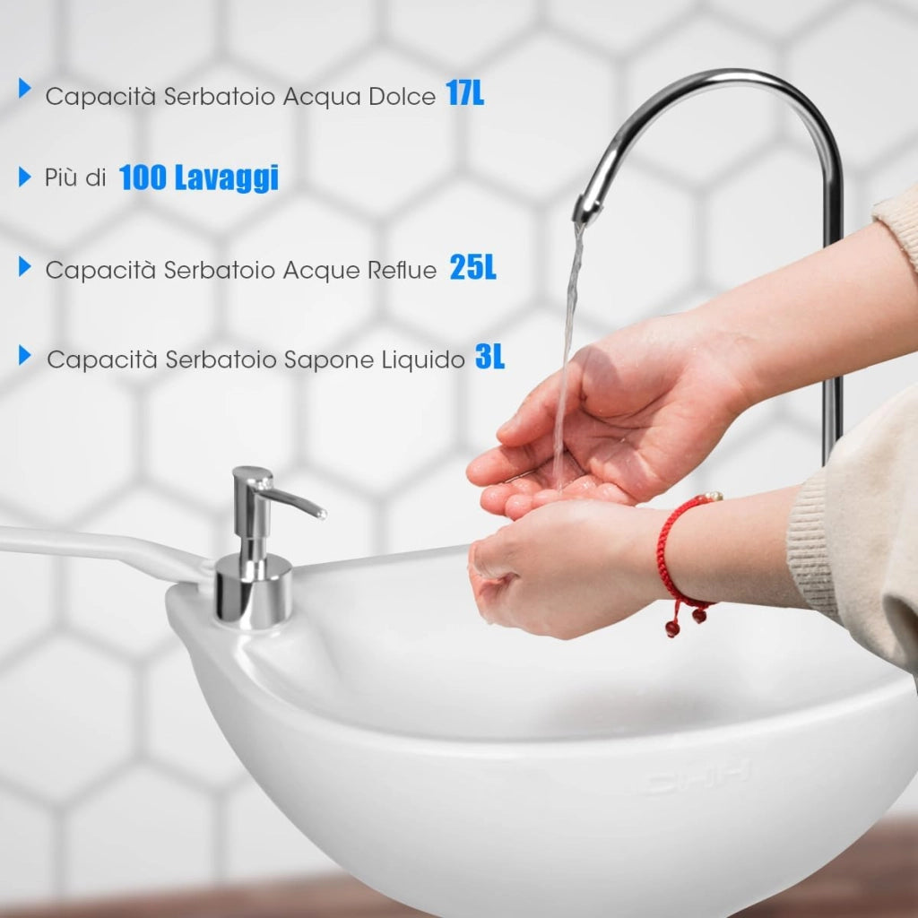 Lavandino da Campeggio con Pompa a Pedale, Lavandino Portatile con Serbatoio d'Acqua da 17L, Dispenser Sapone, Portasciugamani e Ruote (58 x34 x 102cm)