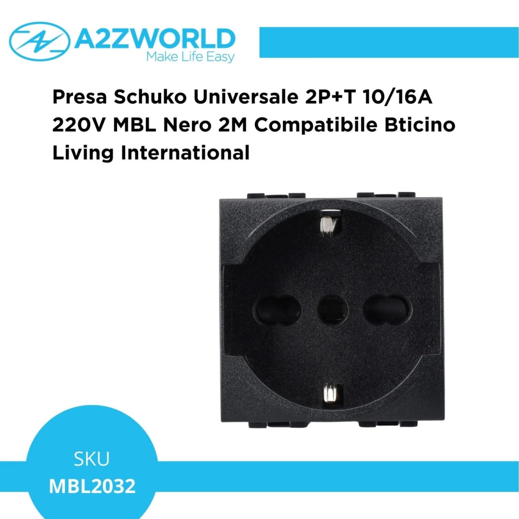 Presa Schuko Universale 2P+T 10/16A 220V MBL Nero 2M Compatibile Bticino Living International BLN2102