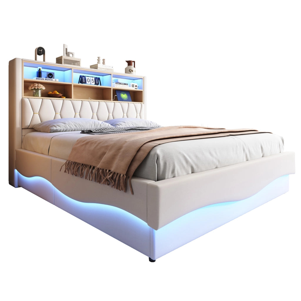 Letto contenitore matrimoniale 180×200 cm con LED; USB e vano sollevabile; senza materasso; ferro; beige