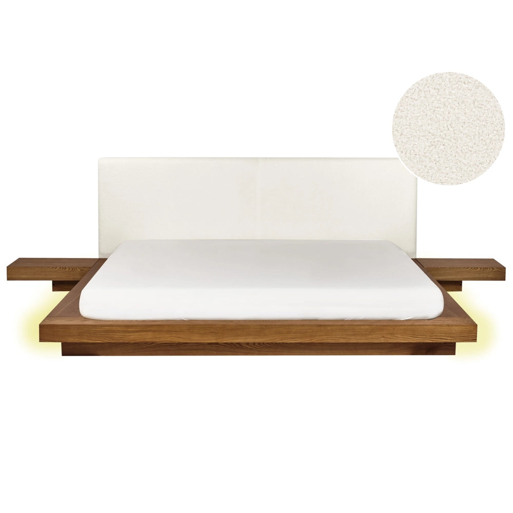 Letto LED in stile giapponese in frassino naturale 180 x 200 cm testata in legno impiallacciato bouclé camera da letto a basso profilo