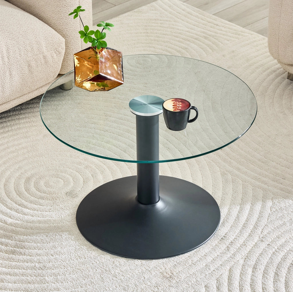 Tavolino da caffè rotondo in vetro 70 cm con piano in vetro temperato e base in metallo nero