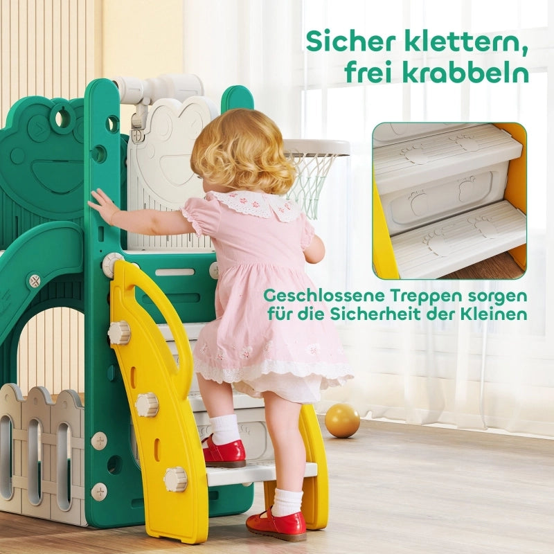Set di scivoli 5 in 1 per bambini, telescopico, con canestro da basket, in plastica, giallo+verde