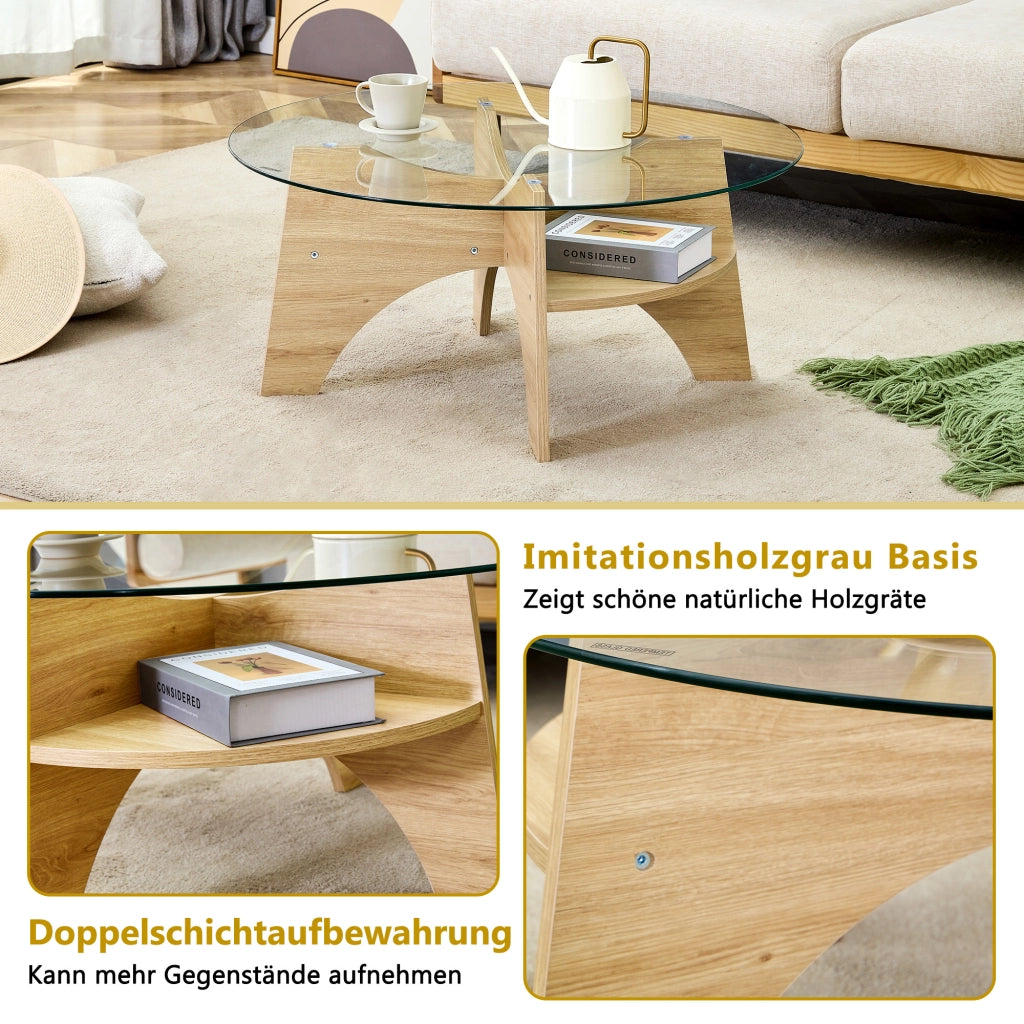 Tavolino da caffè con piano in vetro e base in MDF - per soggiorno - Ø 80×36 cm