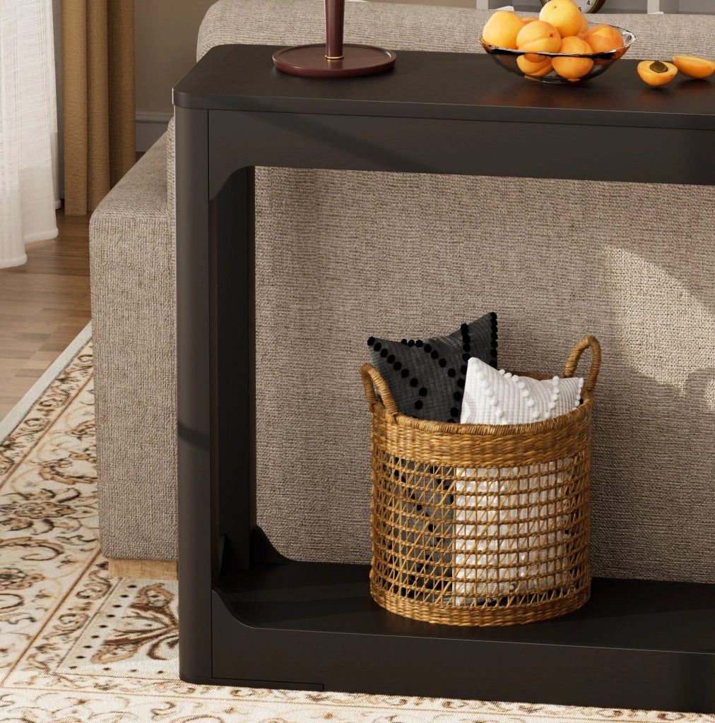 Tavolo consolle 140x30x79 cm nero, 2 ripiani, MDF, design compatto