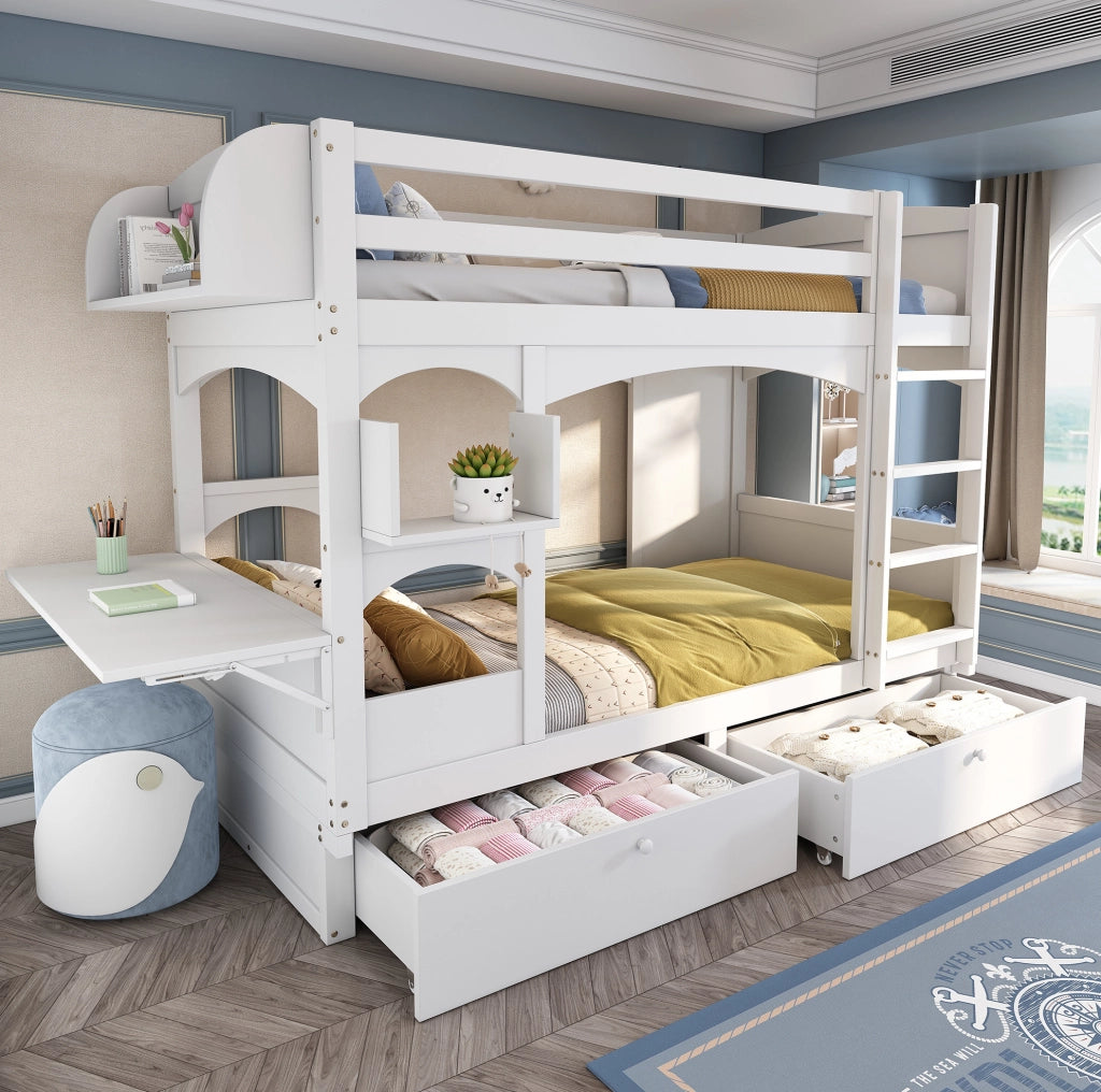 Letto a castello per bambini 90x200 cm bianco con scrivania pieghevole