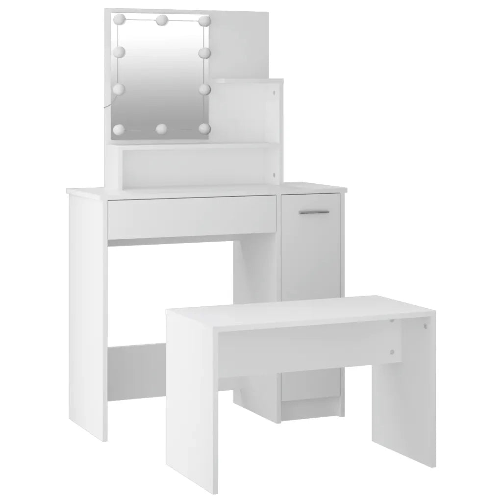 Set Tavolo da Toeletta | Tavolo da Trucco Bianco con LED in Legno Multistrato
