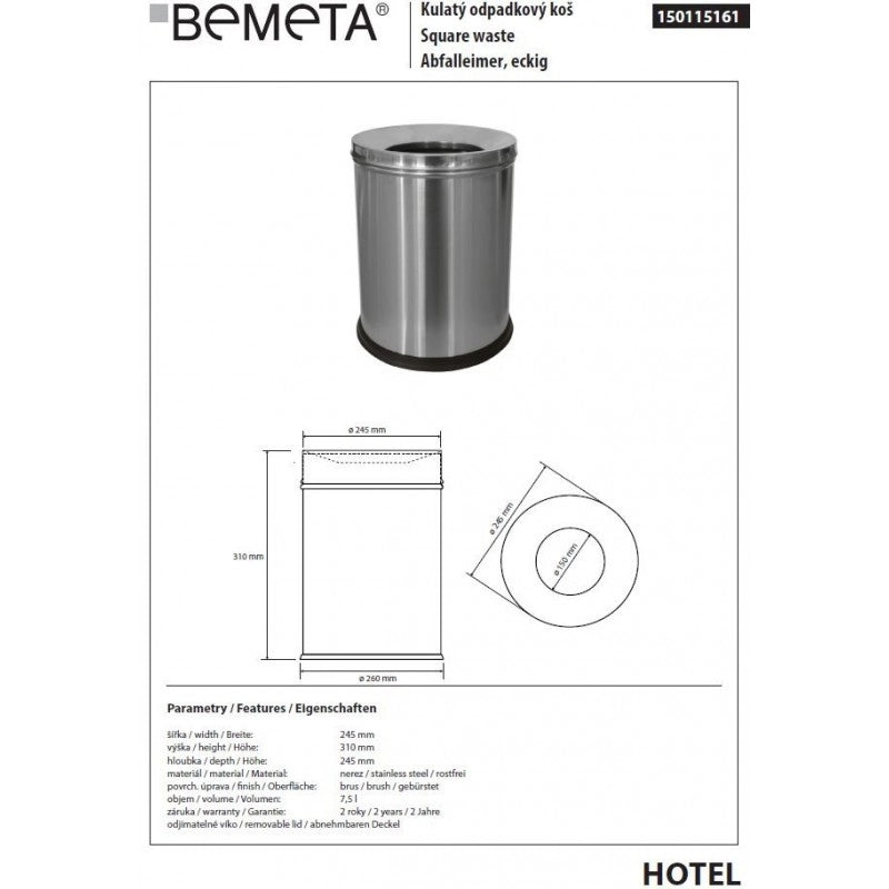 HOTEL Pattumiera per camera da letto in acciaio spazzolato ø 24,5 cm / 7,5 L