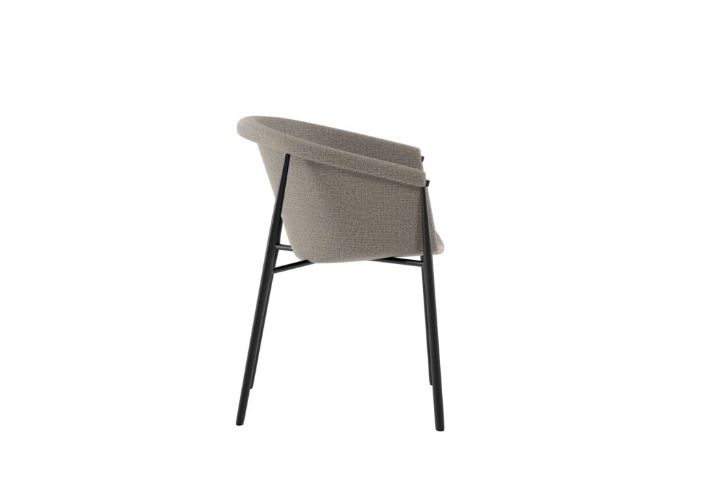 Sedia da pranzo Nari con scocca a guscio imbottita in tessuto Tortora e gambe in metallo Nero dal design moderno - 56x58x79 cm