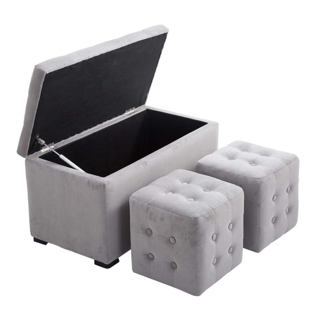 EasyComfort Panca Portaoggetti Set di 3 Pezzi con 2 Sgabelli Pouf in Velluto, Grigio Perla