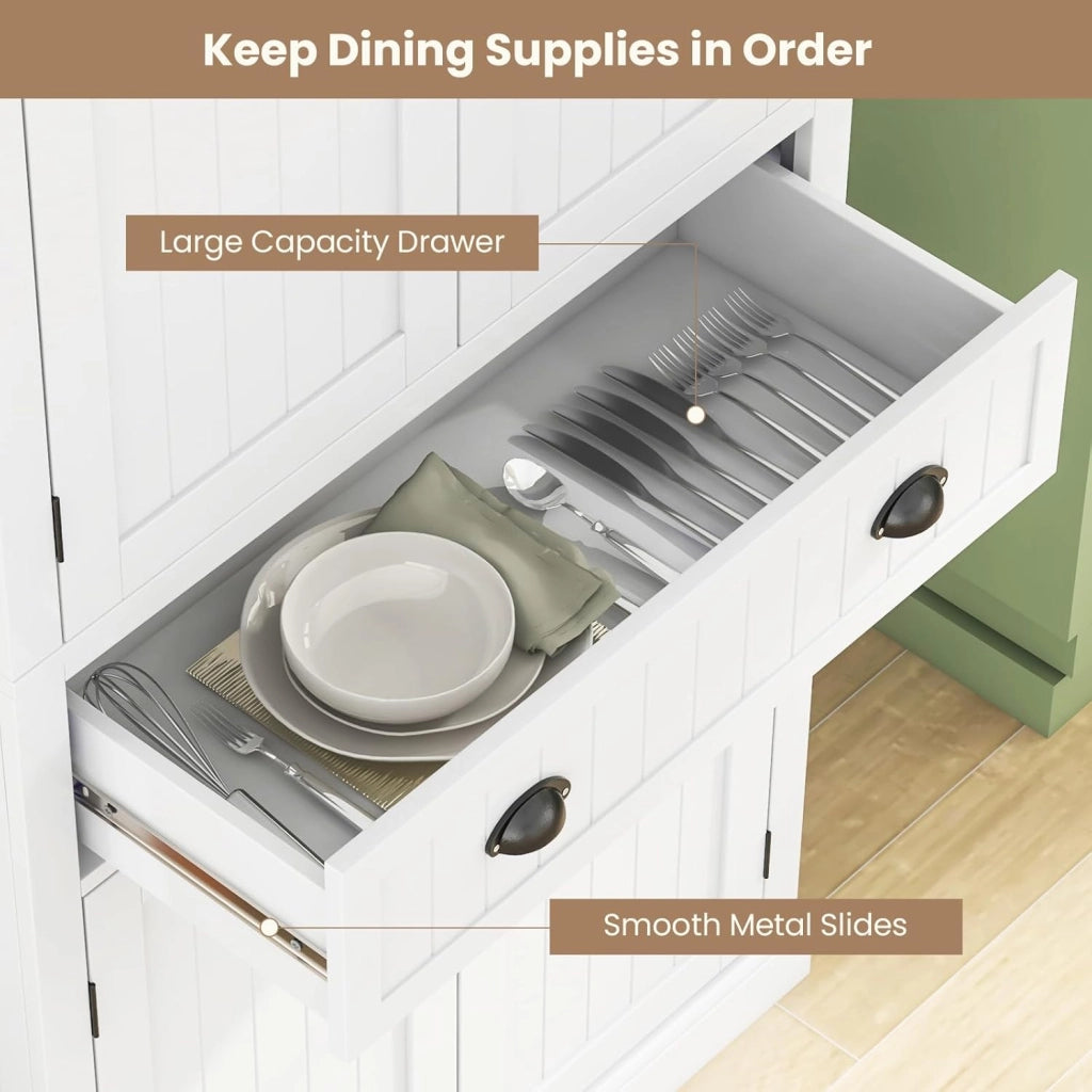 Credenza Alta da Cucina 183,5 cm, Armadio Alto a Buffet in Legno, Mobile Cucina Dispensa con Ripiani Regolabili e Cassetto, per Soggiorno, Sala da Pranzo, 76 x 40 x 183 cm (Bianco)