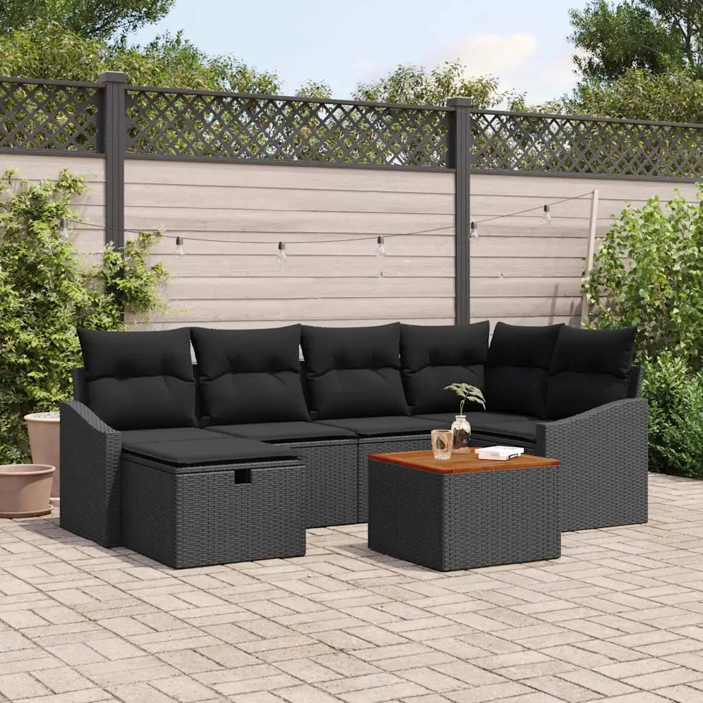 Set Divano da Giardino con cuscino 7 pcs Nero polyrattan