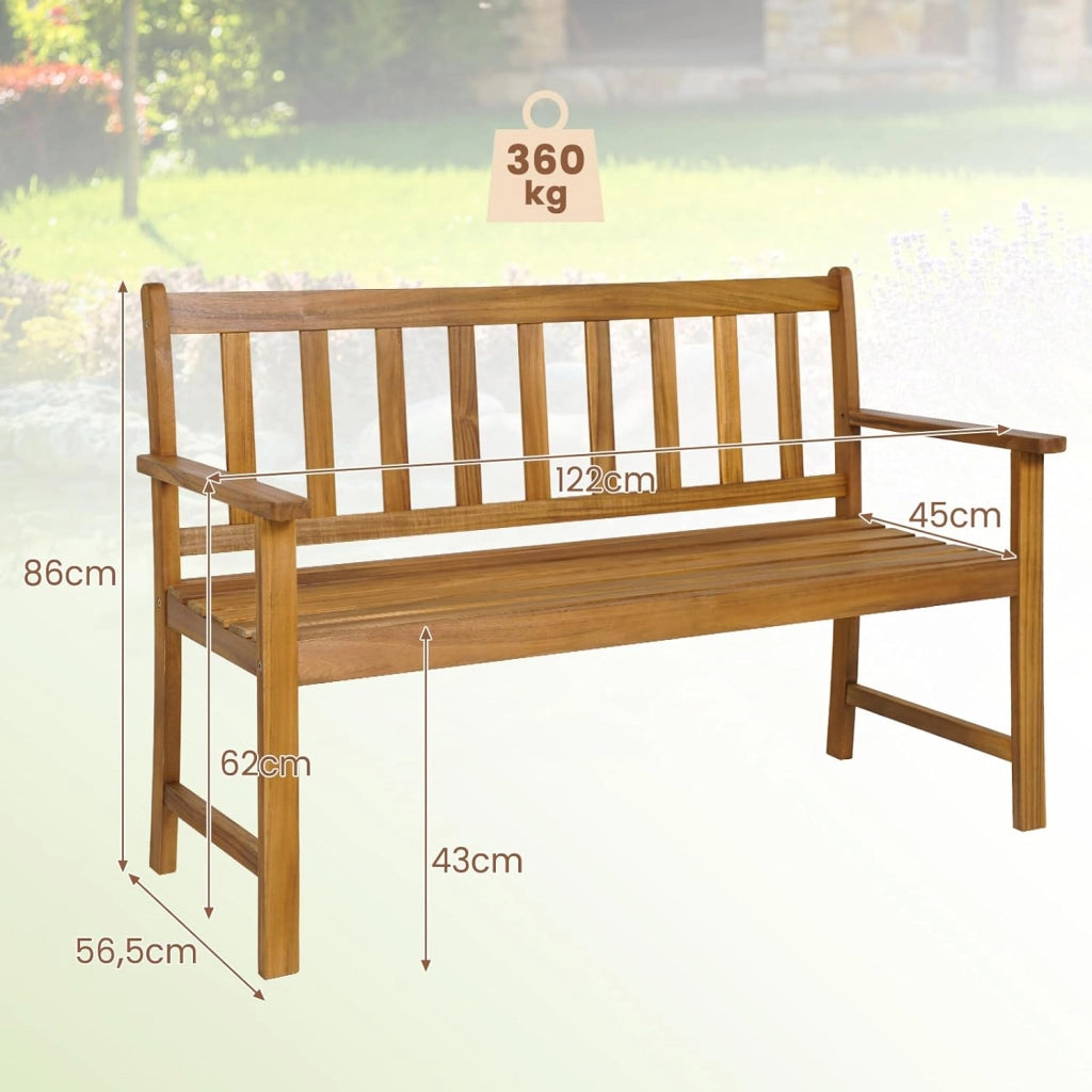 Panchina da Esterno in Legno di Acacia, Panchina con Schienale, Braccioli e Sedile a Doghe, Panchina da Giardino, Balcone e Cortile, Portata 360 kg (122 x 56,5 x 86 cm)