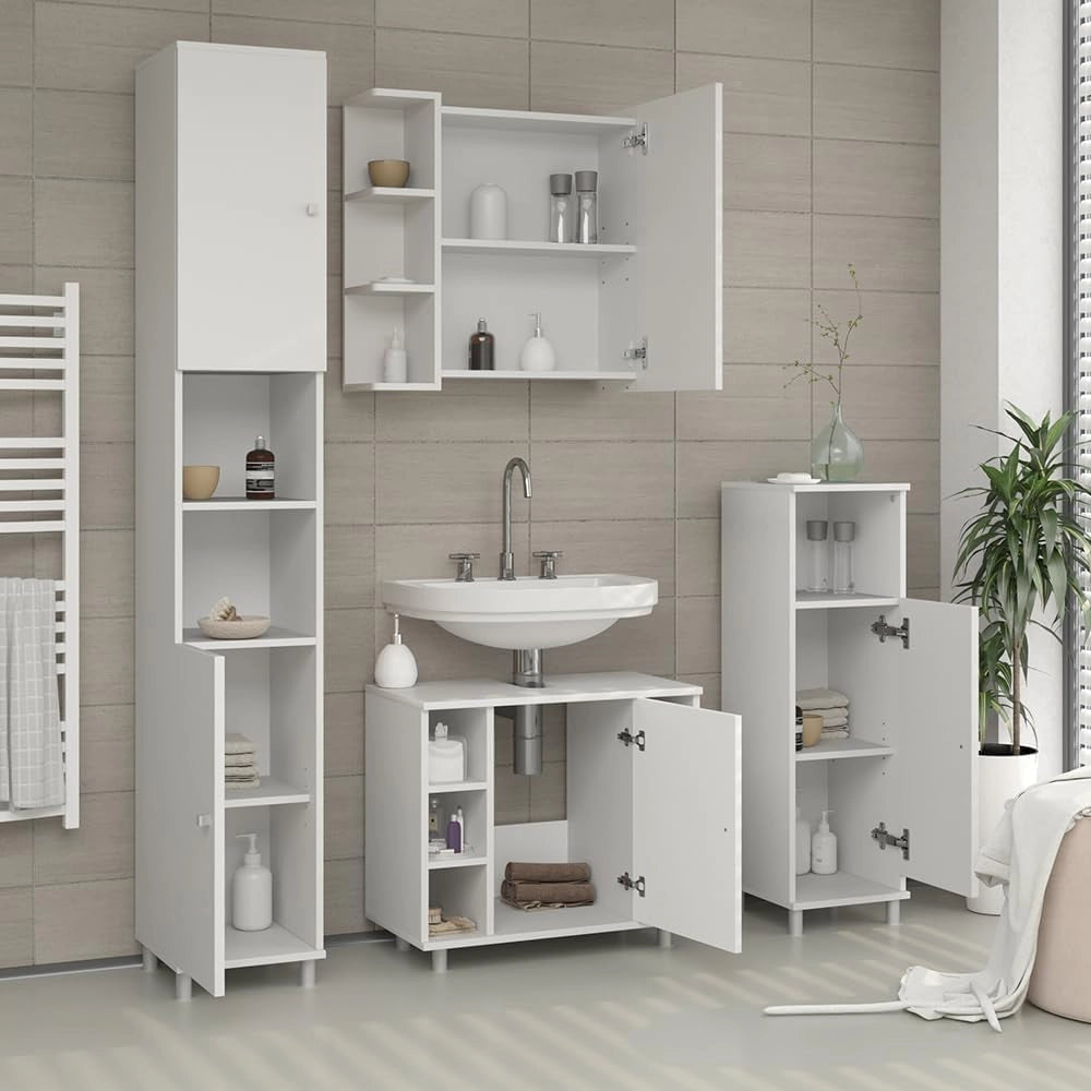 Specchio contenitore bagno Fynn, Bianco, 62 x 64 cm, per montaggio a parete con ripiani aperti