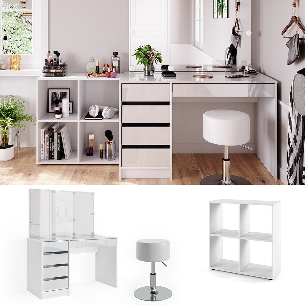 Vicco Tavolino da toilette Bianco 120 cm 4 parti, con scaffale, specchio, sgabello, LED