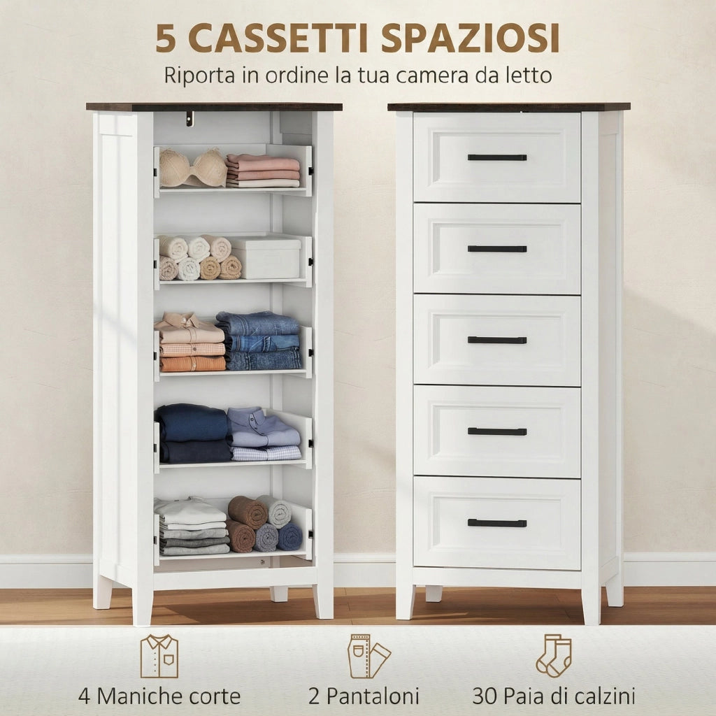 Cassettiera con 5 Cassetti. Mobile Alto per Camera da Letto e Soggiorno