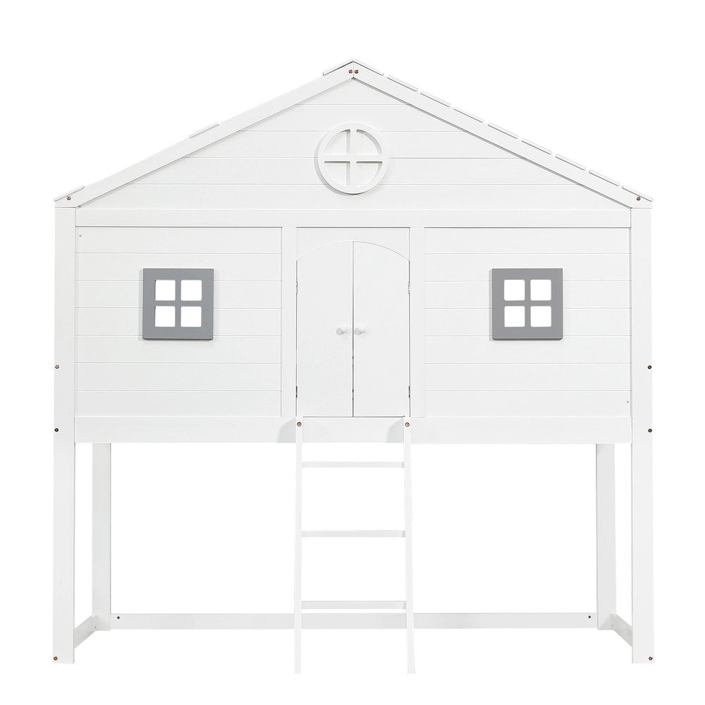 Letto Casetta per Bambini con Scala e Grate ¨C MINIMAL ¨C Pino e MDF, Bianco e Grigio, 90x200