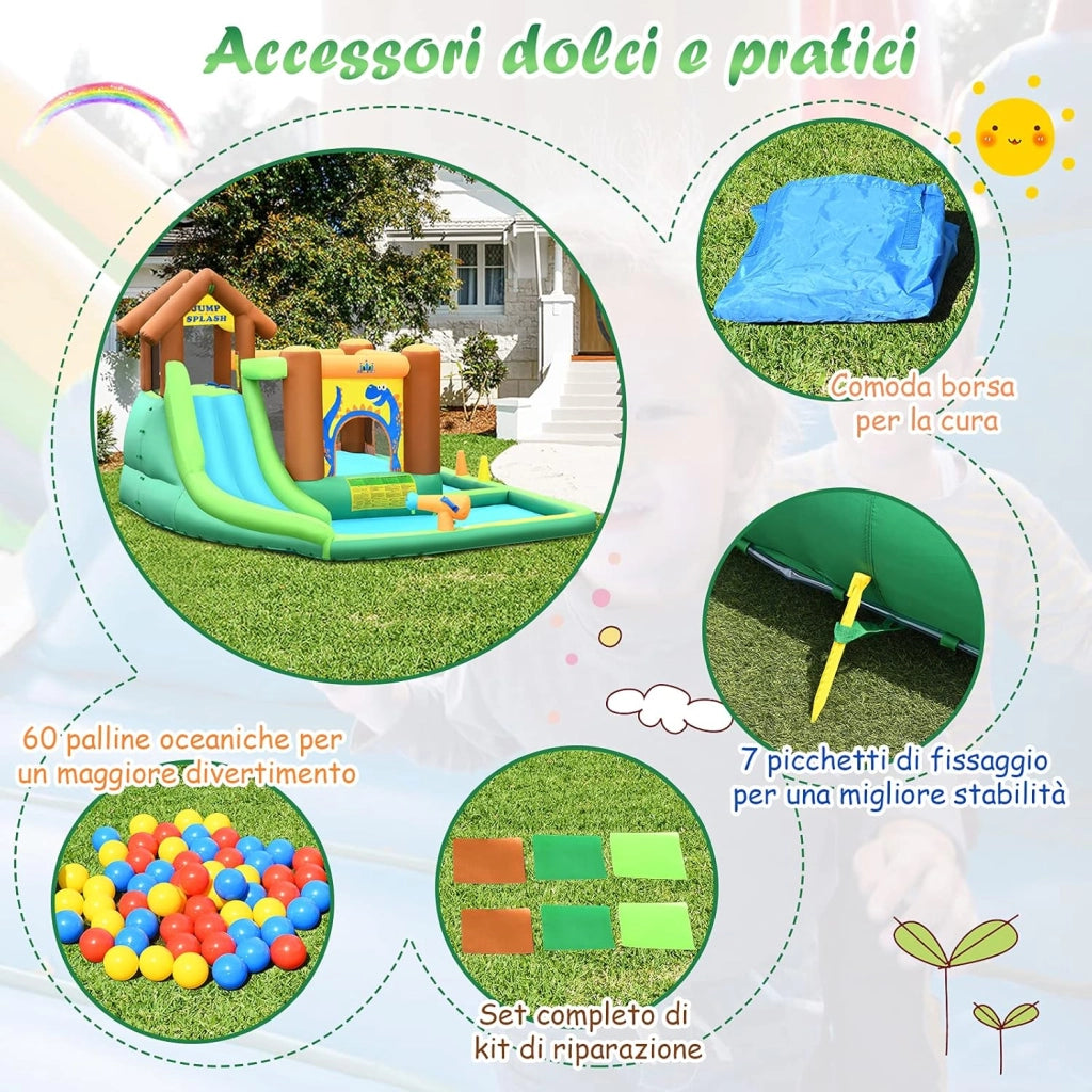 Castello Gonfiabile per Bambini, Parco Acquatico con Scivolo per Bambini, Piscina Trampolino e Palline, con Borsa da Trasporto, per 5 Bambini 3-10 Anni (con Compressore)