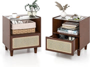 Comodino in Bambù e Rattan, Tavolino da Salotto Boho con Cassetto e Gambe in Legno Massello, Comodino Tavolino in Bambù per Camera da Letto, Soggiorno, 43 x 35 x 50 cm (2)