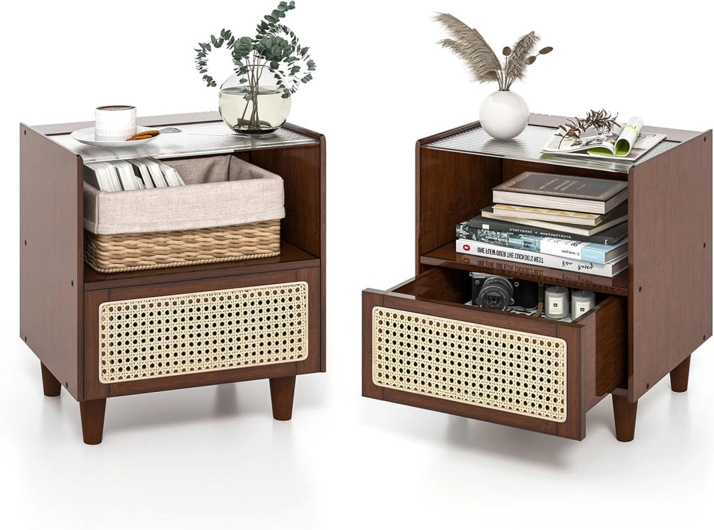 Comodino in Bambù e Rattan, Tavolino da Salotto Boho con Cassetto e Gambe in Legno Massello, Comodino Tavolino in Bambù per Camera da Letto, Soggiorno, 43 x 35 x 50 cm (2)