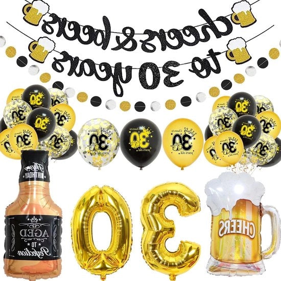 Decorazione di compleanno 30° in nero oro - 17 pezzi per uomini e donne - palloni palloncini in foglio - bandiera