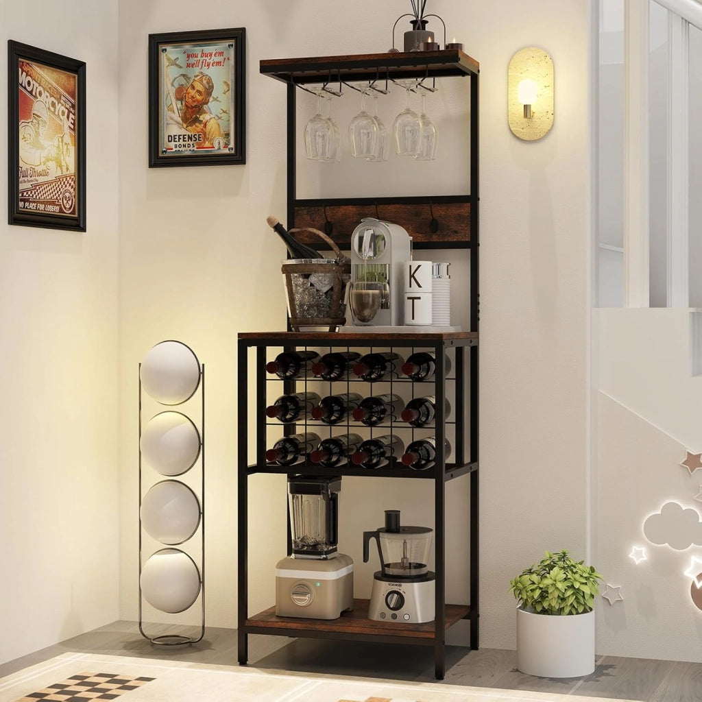 Scaffale da cucina con portabottiglie per 12 bottiglie, 3 ganci doppi e portabicchieri, 54 x 37 x 156 cm, organizer per sala da pranzo bar