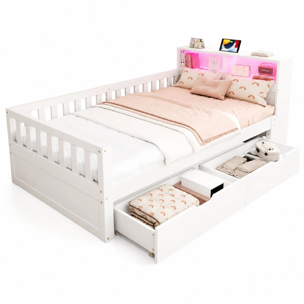 Letto singolo 90×200 cm con cassetti; ripiani; LED; USB; Type-C e sponde di sicurezza; senza materasso; legno; bianco