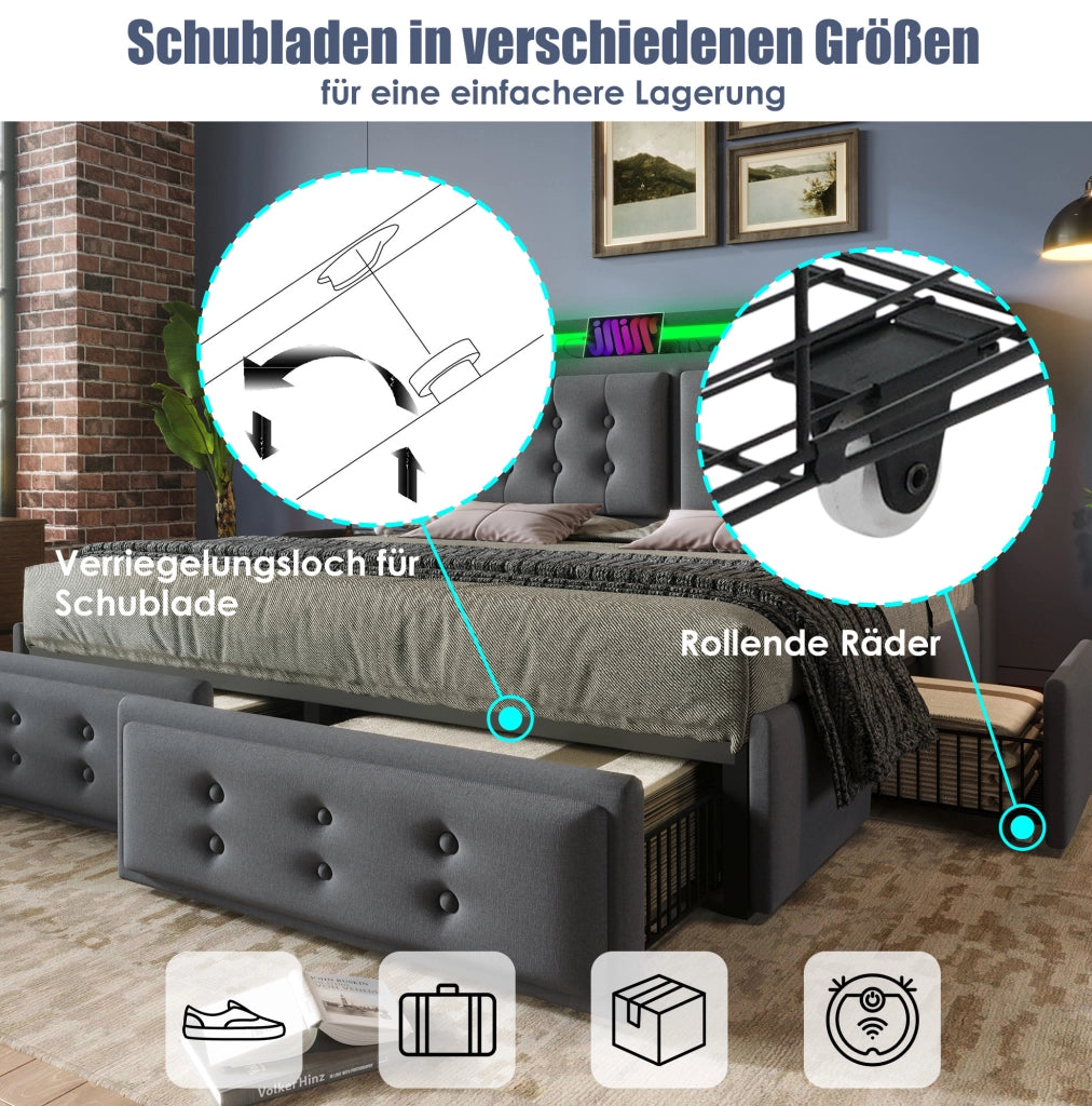 Letto 180 x 200 cm grigio con LED, ricarica e quattro cassetti
