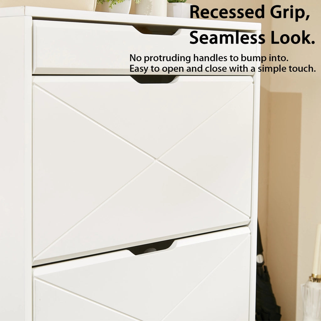 Scarpiera con 3 vani a ribalta e cassetto superiore; ripiani regolabili; per ingresso; in MDF; 43×23×147 cm; bianco