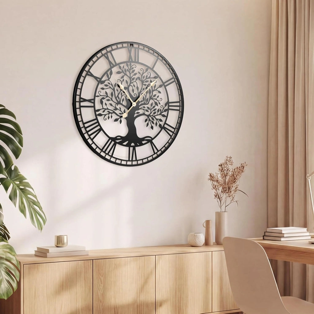 Orologio da Parete Grande da 68 cm, con Albero della Vita in Metallo, Orologio Decorativo Silenzioso Senza Ticchettio, per Soggiorno, Camera da Letto e Cucina, Nero