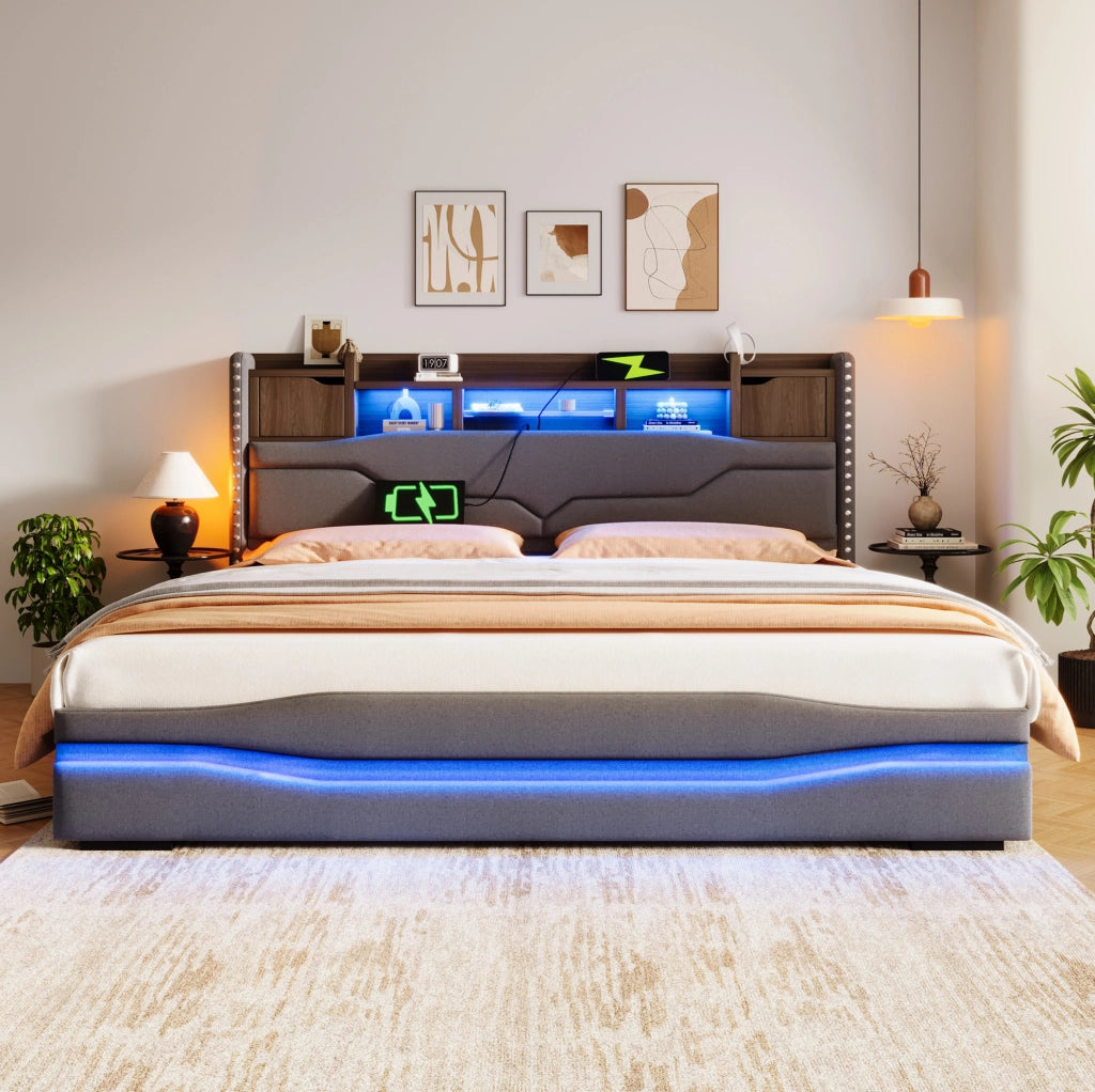 Letto imbottito 180x200 cm con LED, USB-C e vano contenitore