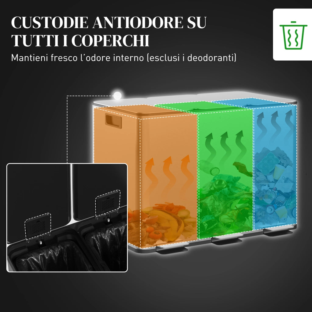 Pattumiera Differenziata30L con 3 Scomparti a Chiusura Silenziosa, in Acciaio Inox e PP, 49.6x34.5x38.6 cm, Argento