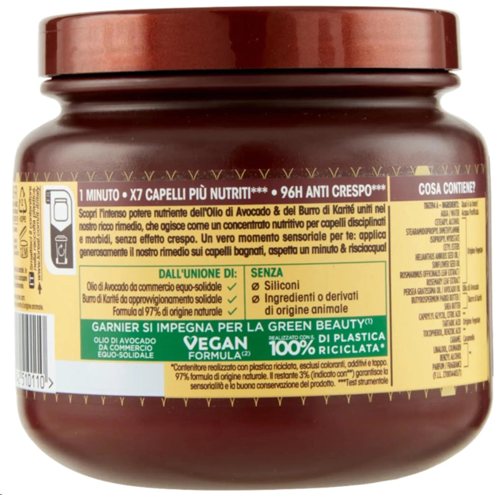 GARNIER ULTRA DOLCE 3 MASCHERE NUTRIENTE PER CAPELLI SECCHI E CRESPI IN 1 MINUTO AVOCADO E BURRO DI KARITÉ 340 ML