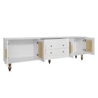 Mobiletto Porta TV in Stile Retro con Maniglie Dorate, Porte in Rattan e Gambe in Metallo, Ampio Spazio di Stoccaggio, 175x38x55,5 cm, Bianco