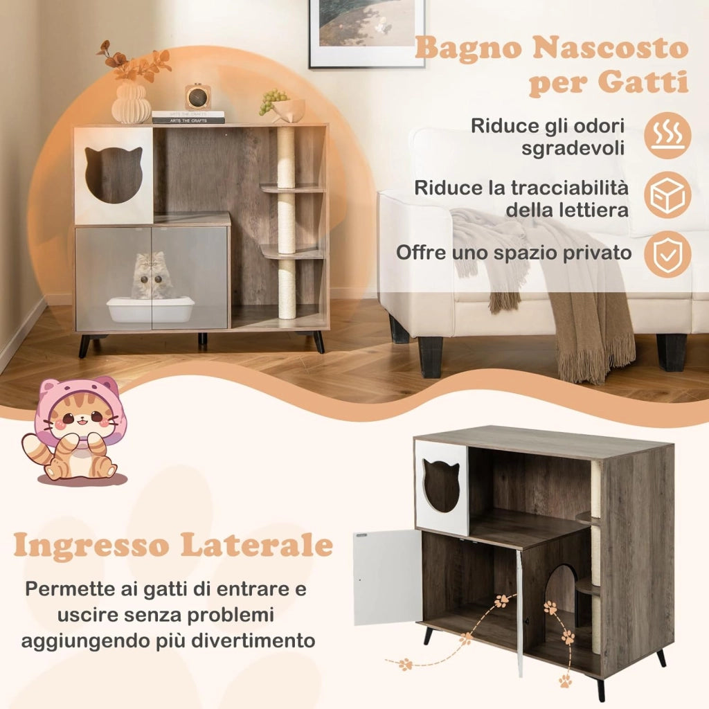 Mobile per Lettiera per Gatti, Cassetta per Gattini con 3 Pali in Sisal per Grattare, Comò per Gattini e 5 Gambe di Supporto in Metallo, Cuccia per Gatti da Interno, 100 x 51 x 91 cm