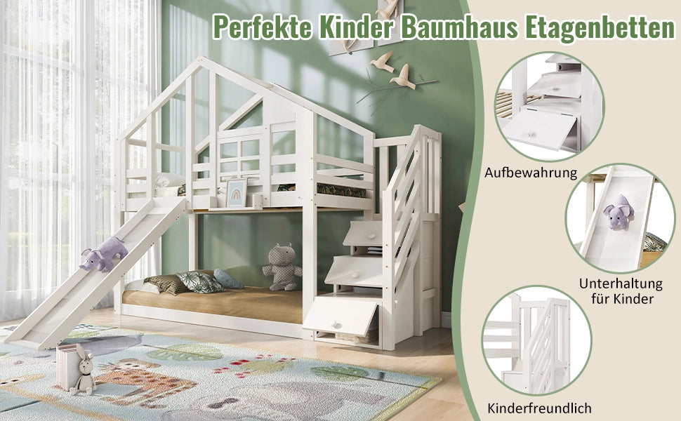 DESMIU Litto a castello bambini 90 × 200 cm con scivolo, vani e barriere, senza materasso, bianco