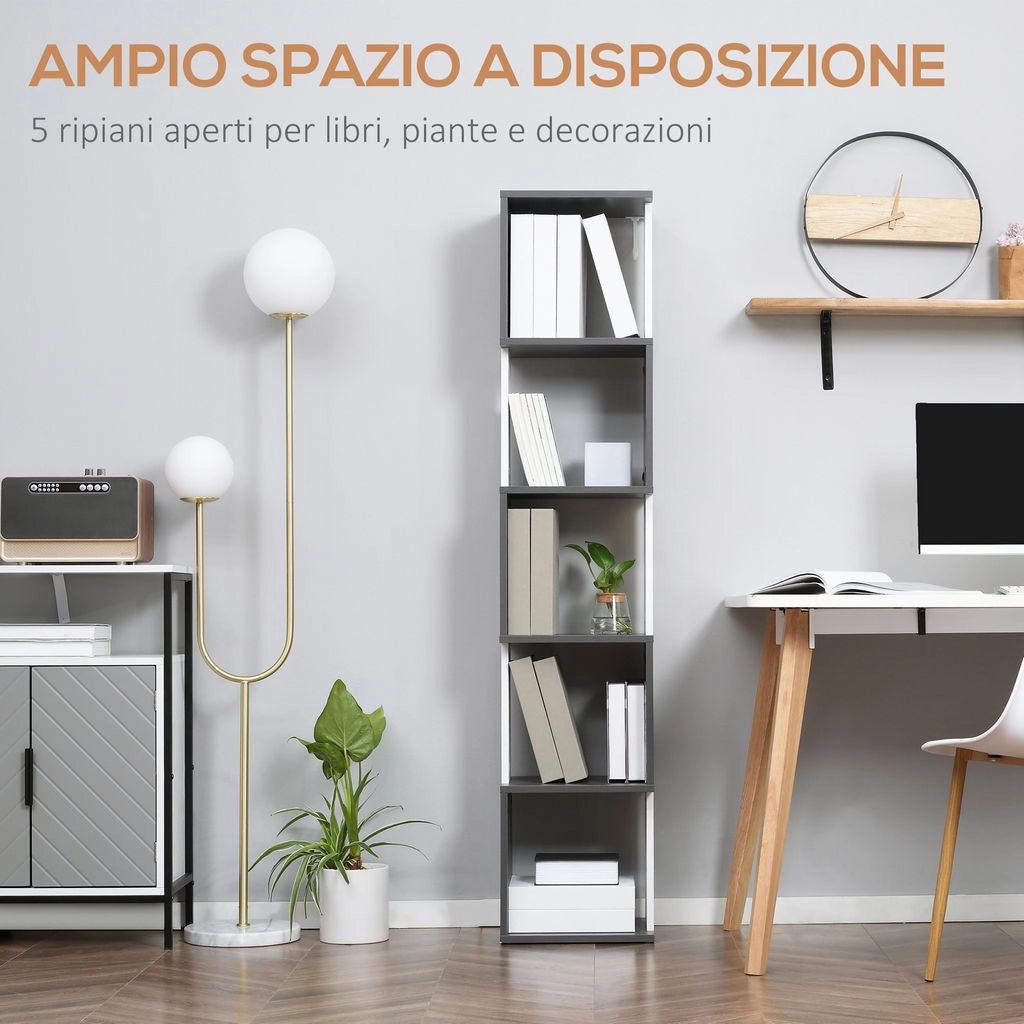 LIBRERIA MODERNA SALVASPAZIO A 5 RIPIANI IN LEGNO 33X28X161CM GRIGIO E BIANCO